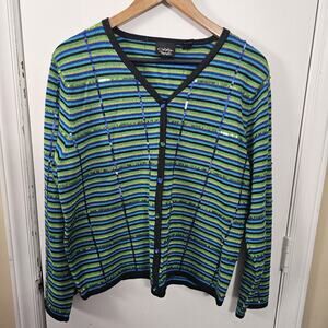 Christina Rotelli Sequin Striped Cardigan Sweater XL Beaded Buttons Blue Green